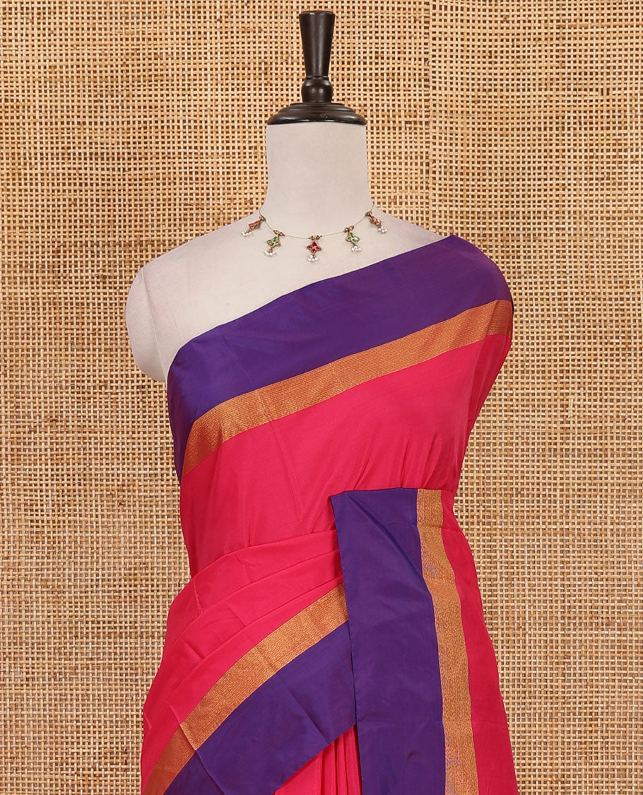 Rani pink full-plain semi-soft saree, contrast satin border of zari stripes, striped pallu & contrast plain blouse