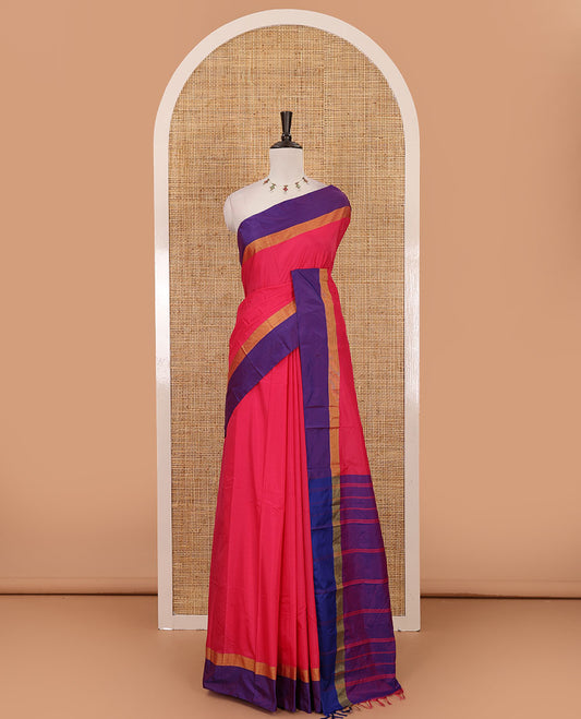 Rani pink full-plain semi-soft saree, contrast satin border of zari stripes, striped pallu & contrast plain blouse