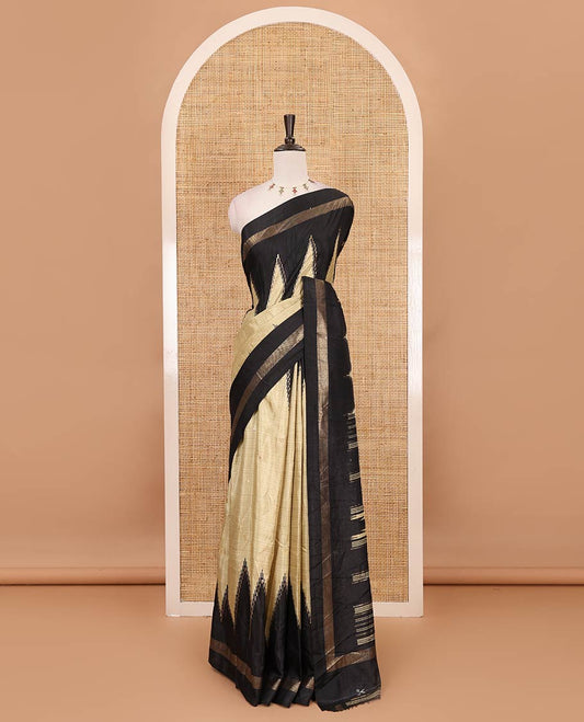 Pista green mango buttas foil printed Dola silk saree, contrast double-sided temple big border, striped temple pallu & contrast vertical striped blouse