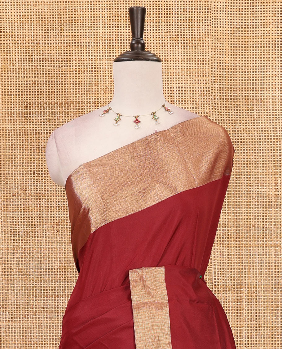 Maroon full-plain soft-mercerized cotton saree, zari bavanji border, striped pallu & plain blouse