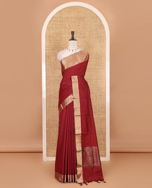 Maroon full-plain soft-mercerized cotton saree, zari bavanji border, striped pallu & plain blouse