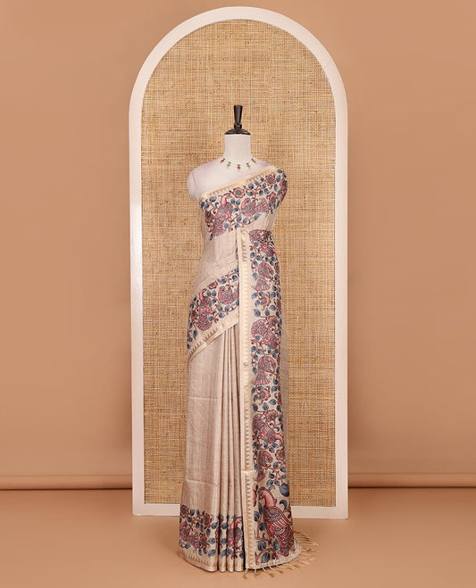 Half-white full-plain katan silk saree, double-side kalamkari floral vine and bird printed temple zari border and matching floral vine printed blouse