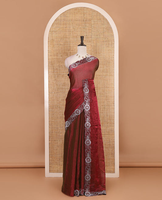 Maroon full-plain fendy chiffon saree, scallop swarovski stone work geometric border and contrast plain blouse