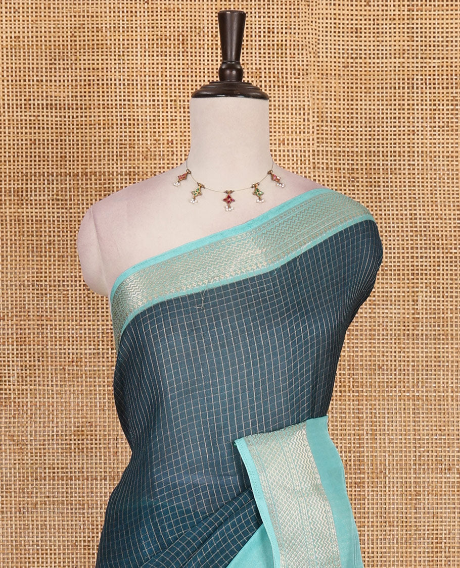 Navy blue zari checked moss milan saree, contrast traditional zari rettai pettu border, striped pallu, and contrast blouse