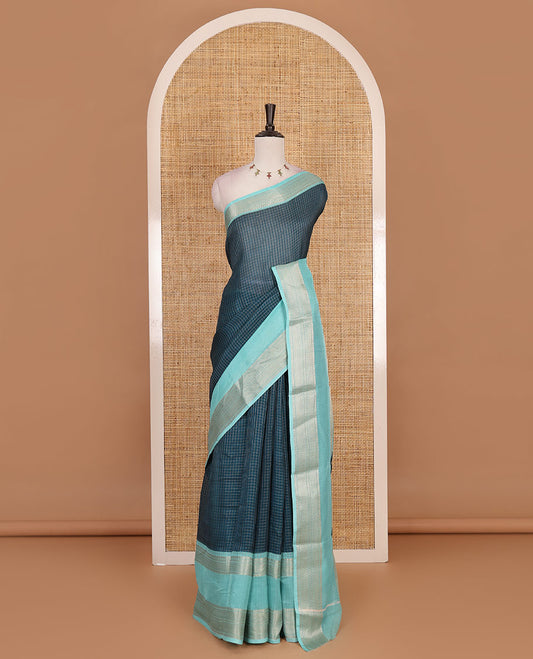 Navy blue zari checked moss milan saree, contrast traditional zari rettai pettu border, striped pallu, and contrast blouse