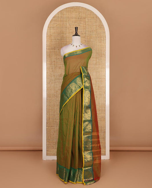 Green plain Chettinad cotton saree, contrast  annam and rudraksham motifs zari border, striped pallu, and plain blouse