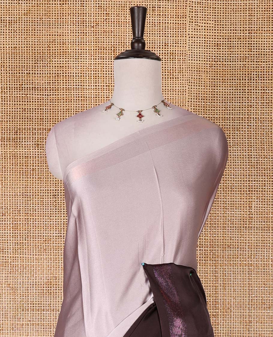 Brown ombre full-plain satin crepe saree, copper zari border, and plain blouse