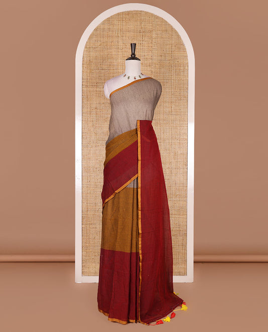 Borderless Maroon ombre style tri-colored plain Khadi mul cotton saree with full plain blouse