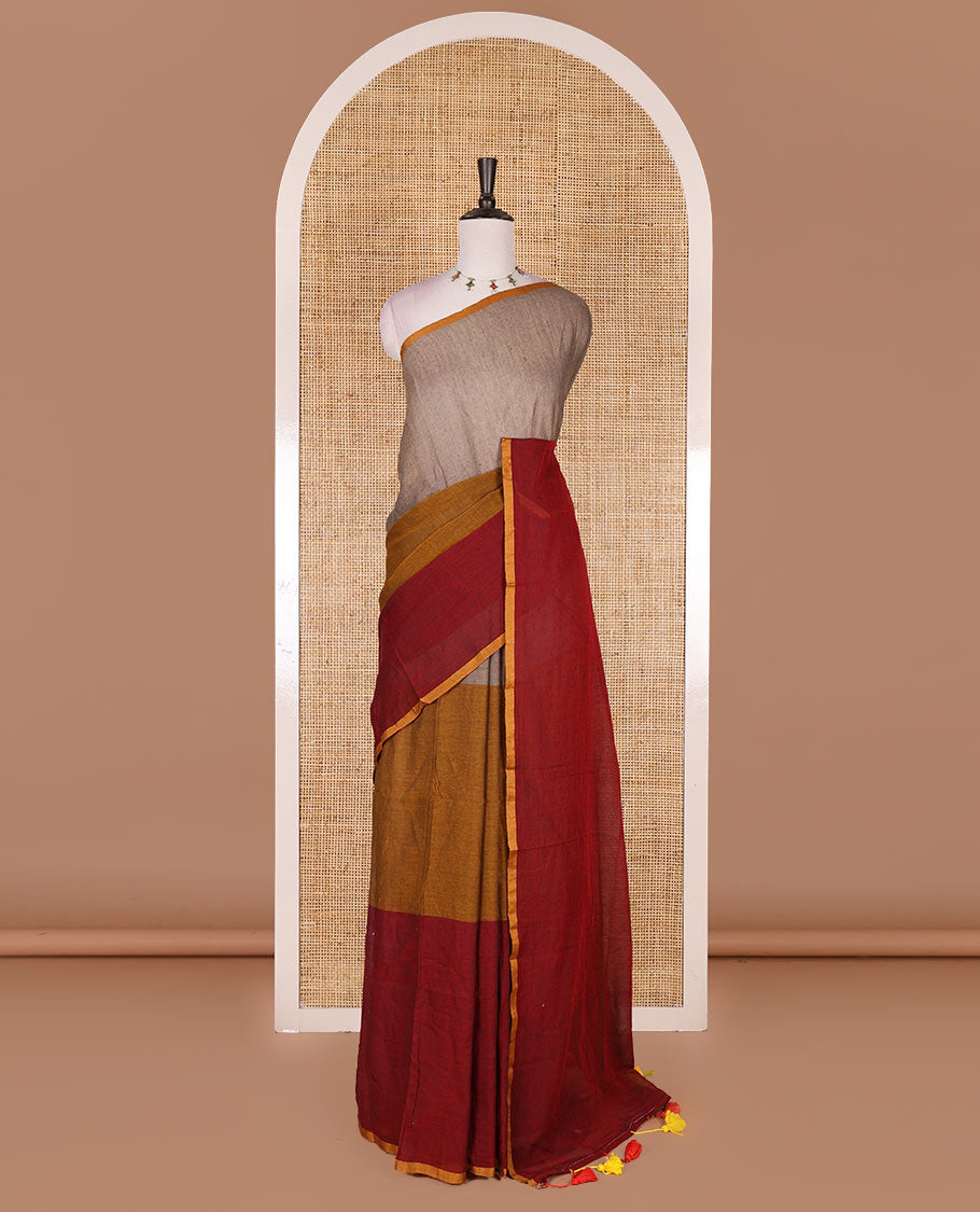 Borderless Maroon ombre style tri-colored plain Khadi mul cotton saree with full plain blouse