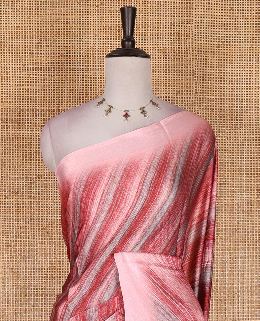 Pink leheriya style hand brush printed satin crepe saree, contrast border, plain pallu, and floral vine printed blouse