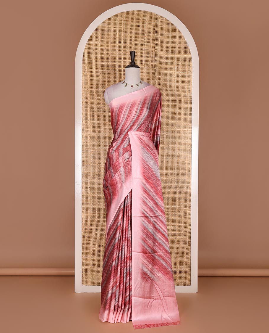 Pink leheriya style hand brush printed satin crepe saree, contrast border, plain pallu, and floral vine printed blouse