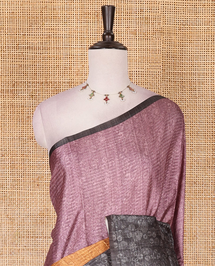 Borderless mustard ombre style dyed and floral vine design semi tussar saree,  contrast kalamkari printed pallu and blouse