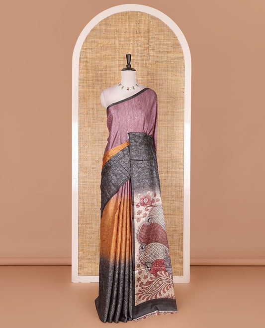 Borderless mustard ombre style dyed and floral vine design semi tussar saree,  contrast kalamkari printed pallu and blouse