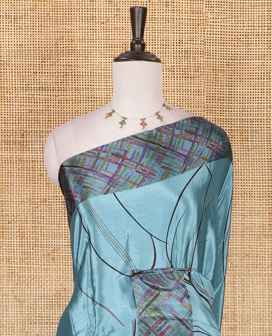 Teal blue abstract style geometric printed Turkey crepe saree, contrast border, and pallu of abstract textured print