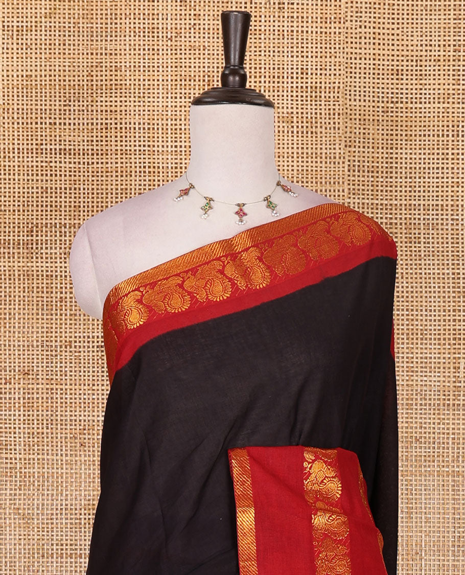 Black plain sungudi cotton saree, contrast annam motifs, gold zari woven border, zari striped, and zari design contrast blouse