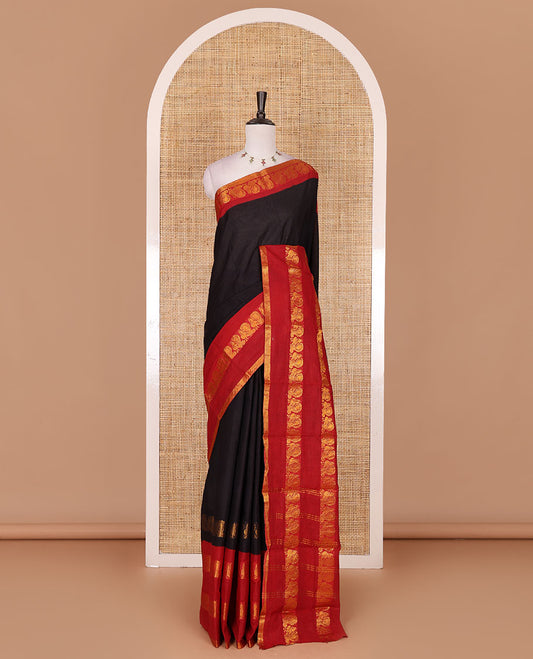 Black plain sungudi cotton saree, contrast annam motifs, gold zari woven border, zari striped, and zari design contrast blouse