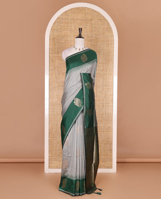 Grey striped and zari buttas Mulberry silk saree, contrast temple zari buttas border, intricate pallu, and contrast zari design blouse