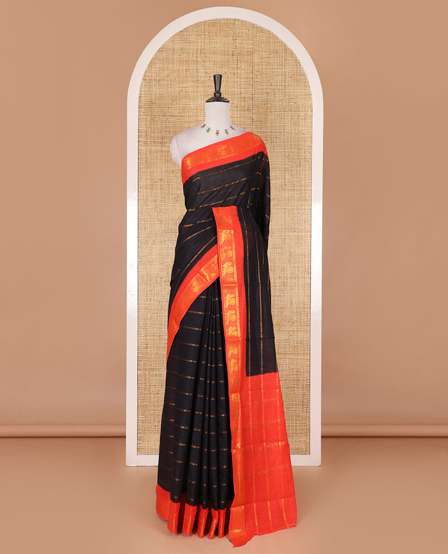 Black veldhari zari striped Sungudi cotton saree, contrast peacock zari motif border, zari striped pallu, and contrast zari design blouse