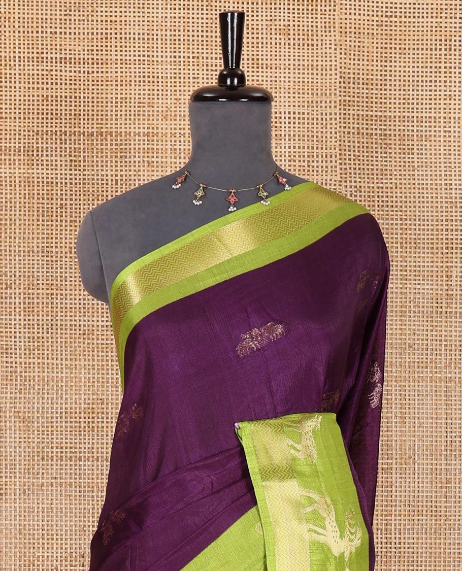 Dark violet deer copper zari buttas dola silk saree, contrast chevron and deer motifs zari border, deer motifs pallu, and contrast deer motifs blouse
