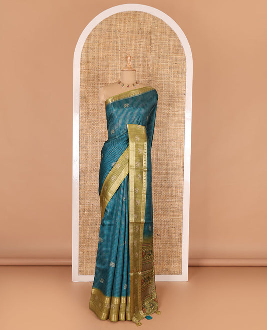 Peacock green zari checked and elephant buttas saree with contrast traditional zari border of elephant print, floral vine printed pallu, and a contrast floral vine printed blouse