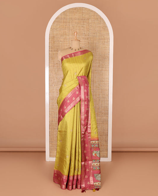 Lemon yellow micro-checked and swan motifs katan silk saree, contrast traditional zari border of swan motifs, printed pallu, and contrast buttas blouse