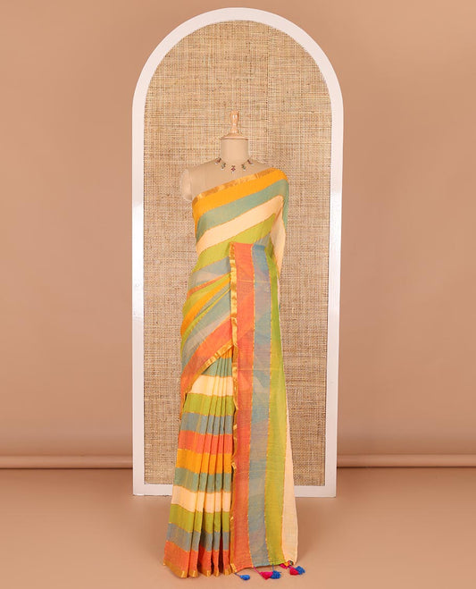 Cream rainbow-style striped Khadi mul cotton saree with piping zari border, and a matching zari striped blouse