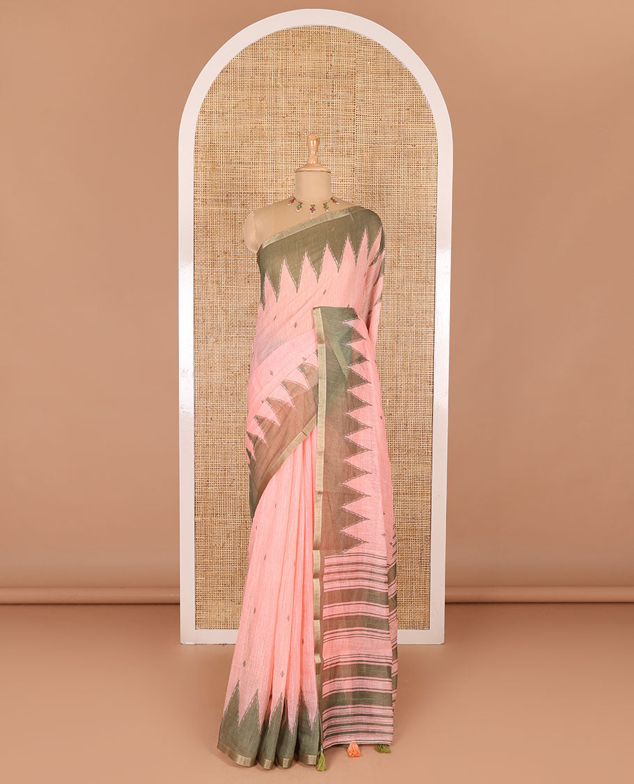 Peach small thread buttas linen cotton saree, contrast temple zari piping border, striped pallu and a contrast blouse