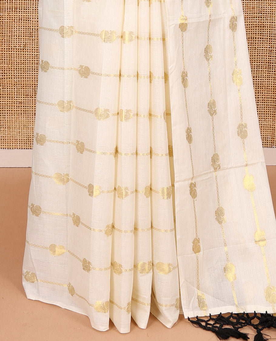 Borderless cream-black peacock and horizontal zari striped Kerala cotton saree, self-pallu with tassels, and a matching blouse