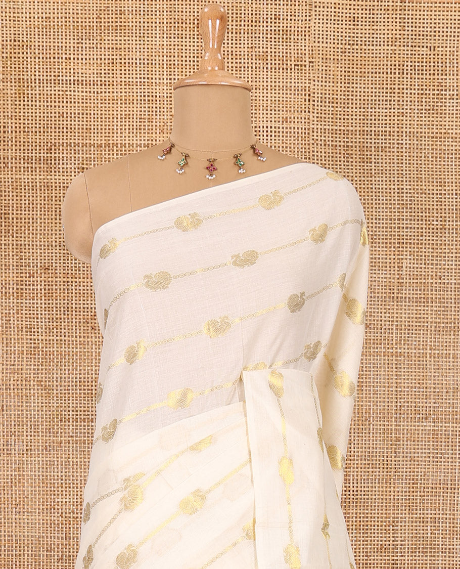 Borderless cream-black peacock and horizontal zari striped Kerala cotton saree, self-pallu with tassels, and a matching blouse