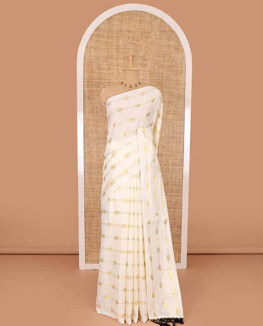 Borderless cream-black peacock and horizontal zari striped Kerala cotton saree, self-pallu with tassels, and a matching blouse