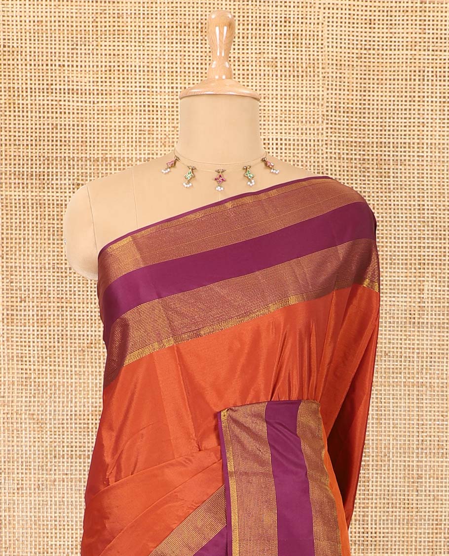 Honey plain semi-soft silk saree with contrast plain border of stripes, striped pallu, and a matching blouse