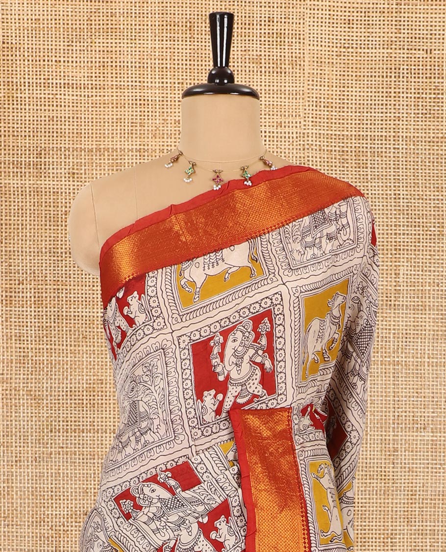 Maroon Pichwai cow, elephant, and Vinayagar motifs enclosed checked printed Mangalagiri cotton saree with contrast mayil kann zari borders, kalamkari printed pallu, and a floral vine printed blouse