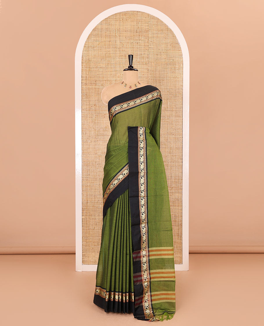 Olive plain mercerised cotton saree, contrast kal erangina thread border of elephant motifs, striped pallu, and a matching blouse