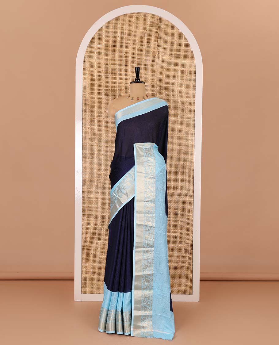 Navy blue embossed moss chiffon saree, contrast embossed with traditional zari border, jaal pallu, and a contrast blouse