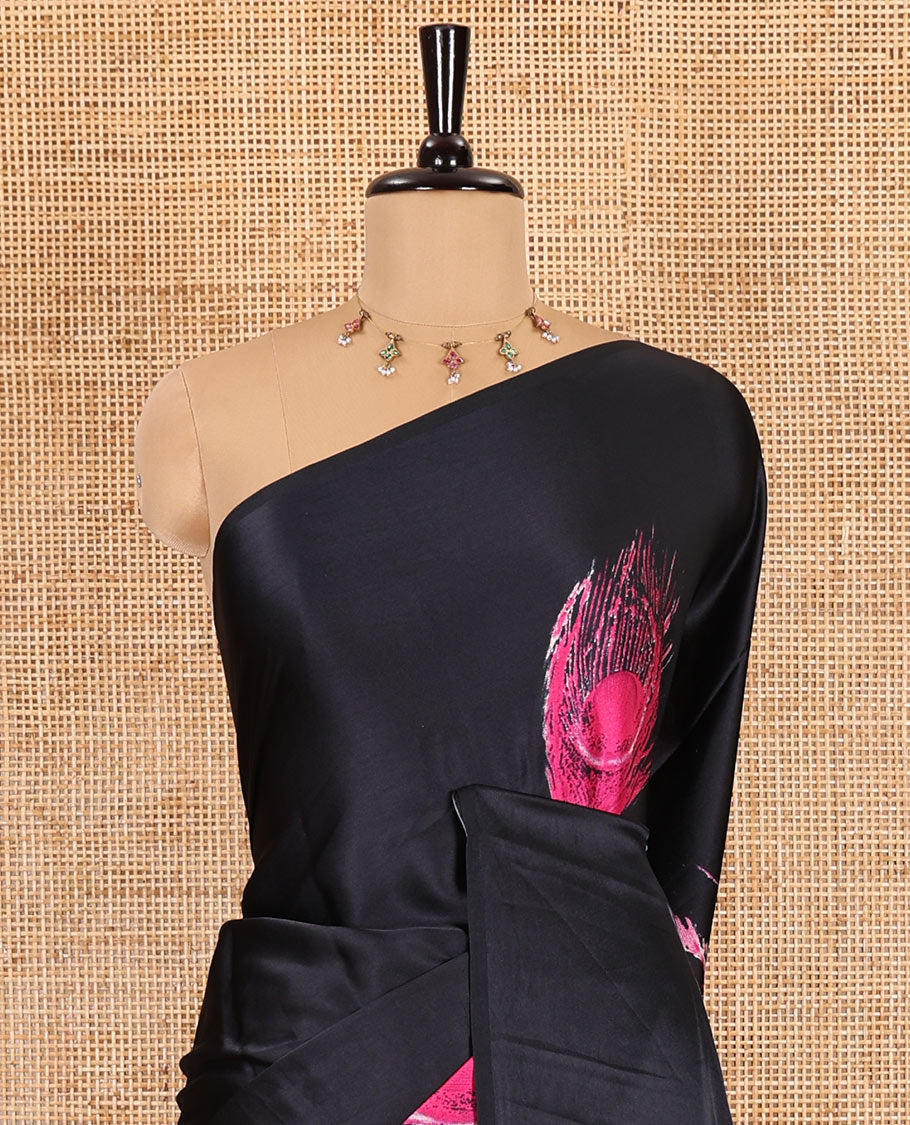 Borderless black and rani peacock feathers style abstract printed Gajji silk saree, peacock feathers printed pallu, and a contrast printed blouse