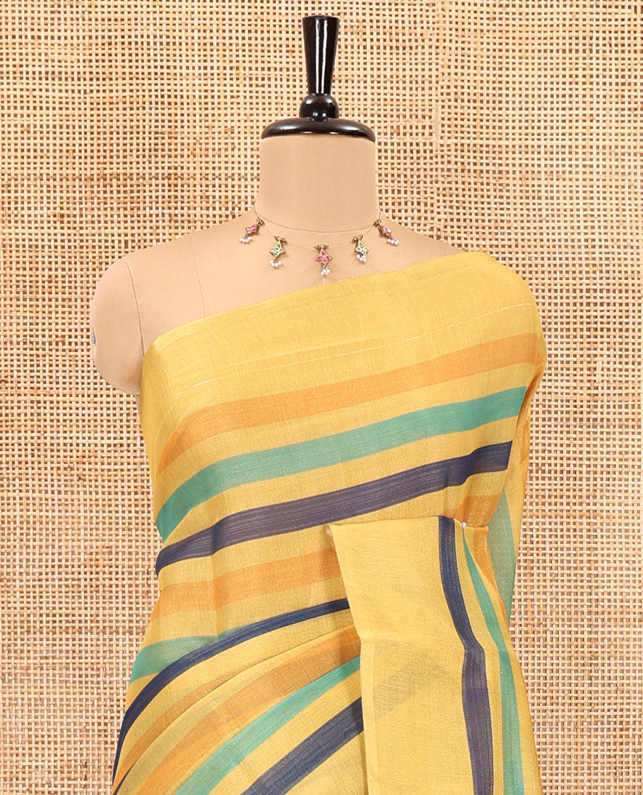 Yellow horizontal striped linen cotton saree, contrast plain border, and striped pall, and striped blouse