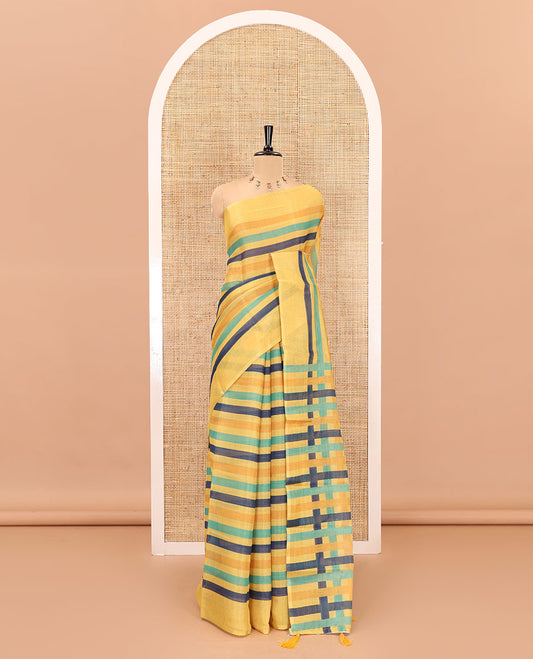 Yellow horizontal striped linen cotton saree, contrast plain border, and striped pall, and striped blouse