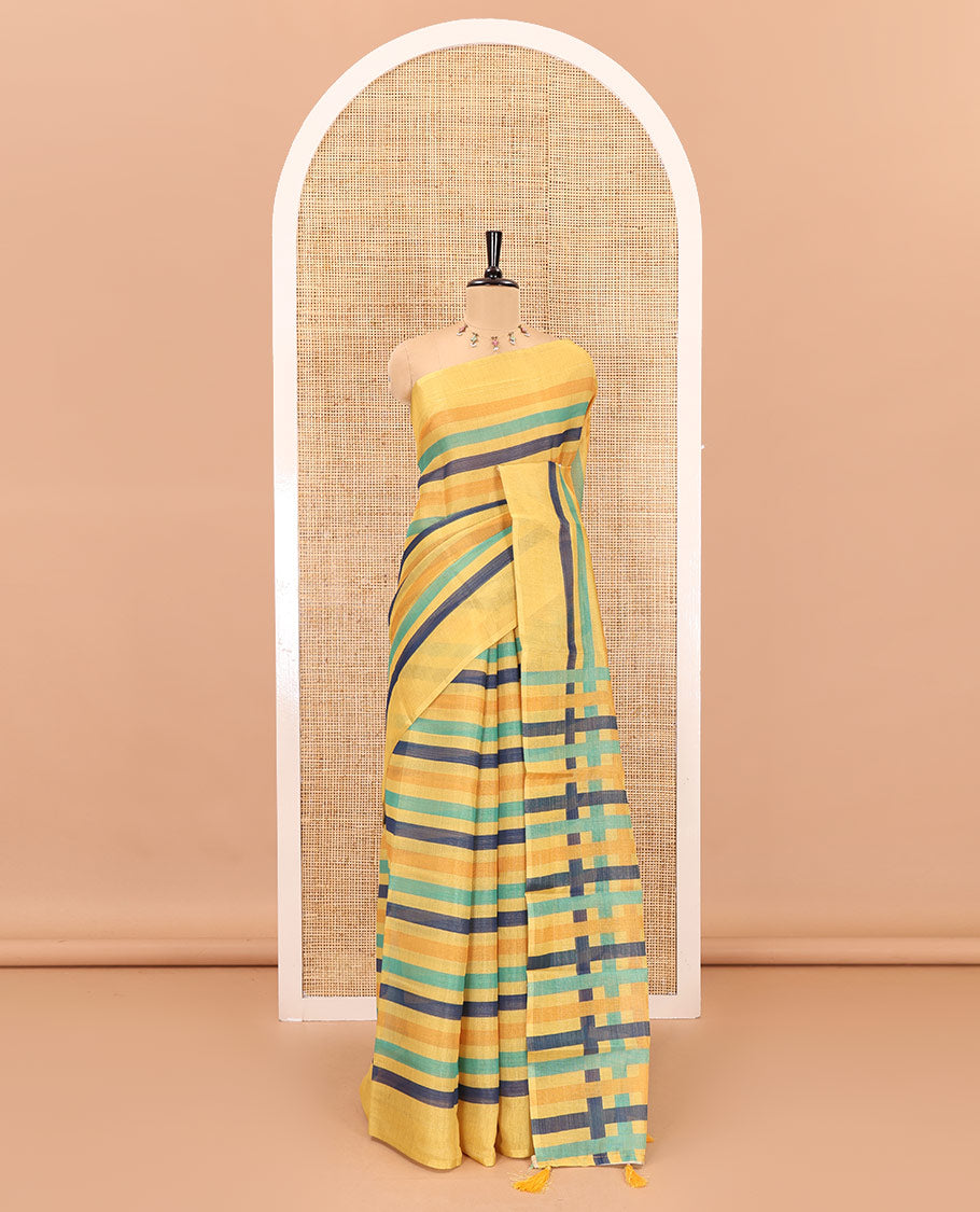 Yellow horizontal striped linen cotton saree, contrast plain border, and striped pall, and striped blouse