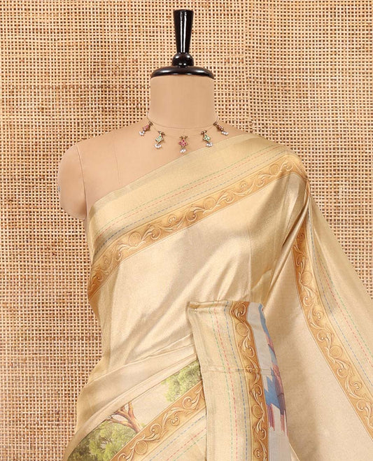 Gold Ayothya temple printed tissue satin saree, kantha work printed border, Ayothya temple printed pallu, and ogee patterned blouse