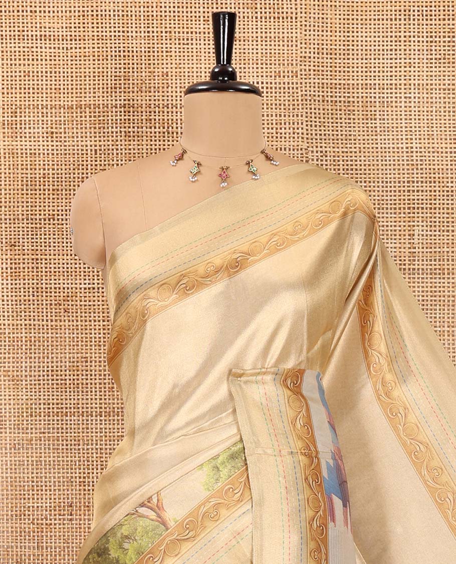Gold Ayothya temple printed tissue satin saree, kantha work printed border, Ayothya temple printed pallu, and ogee patterned blouse