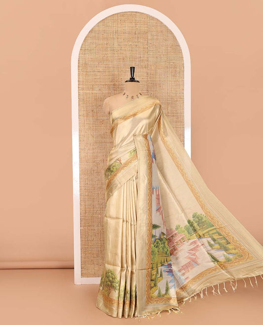 Gold Ayothya temple printed tissue satin saree, kantha work printed border, Ayothya temple printed pallu, and ogee patterned blouse