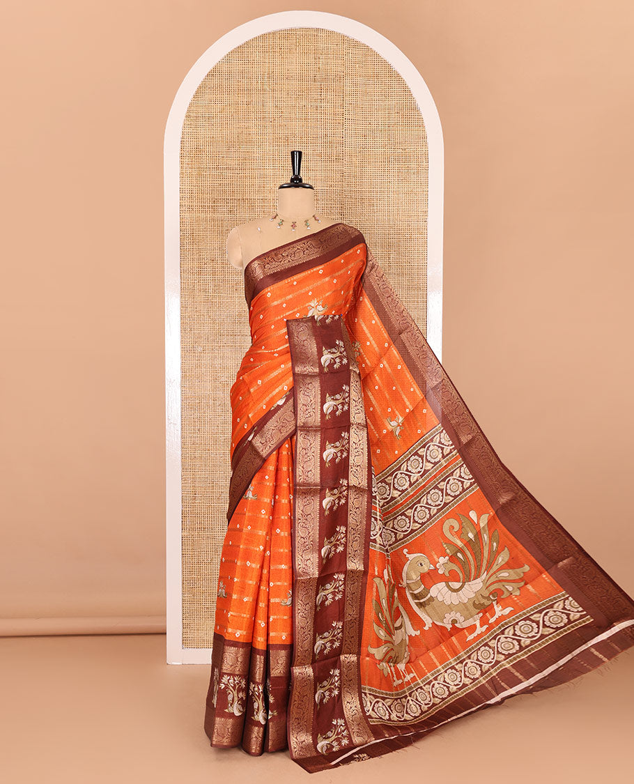 Rust orange bandhani dots, peacock buttas, and zari design dola silk saree, contrast traditional zari border of peacock motifs, and pallu of peacock print, and contrast blouse