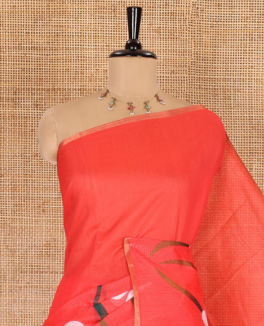 Borderless red Floral design chanderi cotton saree , floral vine printed pallu and small floral printed blouse