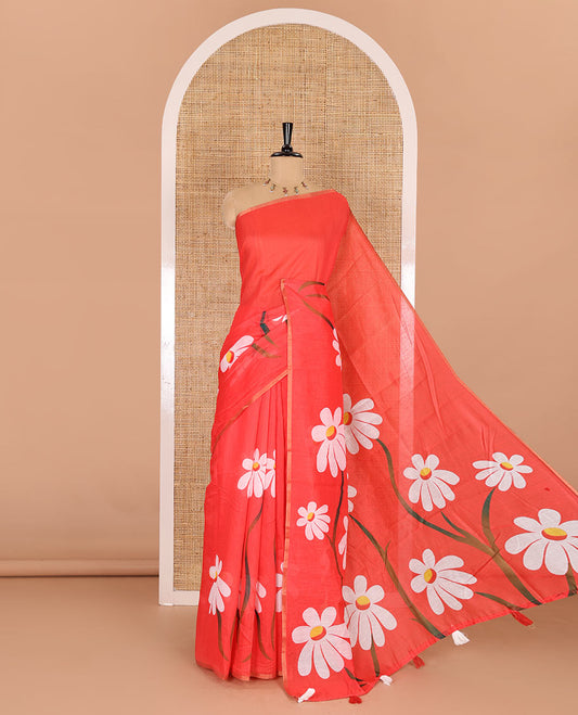 Borderless red Floral design chanderi cotton saree , floral vine printed pallu and small floral printed blouse