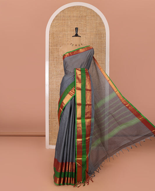 Grey plain Chettinad cotton saree, contrast traditional zari rettai pettu border, striped pallu, and a matching blouse