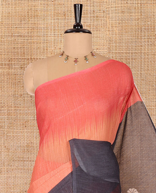 Orange plain linen cotton sare, ganga jamuna-style dual different colored border, contrast pallu of human motifs print, and a contrast floral vine printed blouse