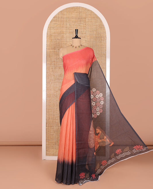 Orange plain linen cotton sare, ganga jamuna-style dual different colored border, contrast pallu of human motifs print, and a contrast floral vine printed blouse