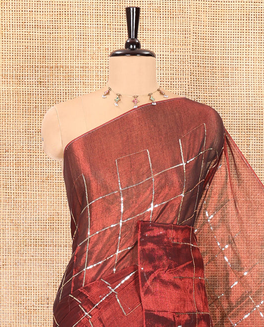 Borderless maroon sequins embroidered checked khadi tissue saree, self-pallu, and a plain matching blouse