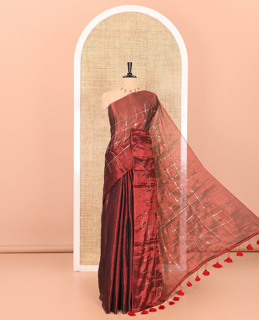 Borderless maroon sequins embroidered checked khadi tissue saree, self-pallu, and a plain matching blouse