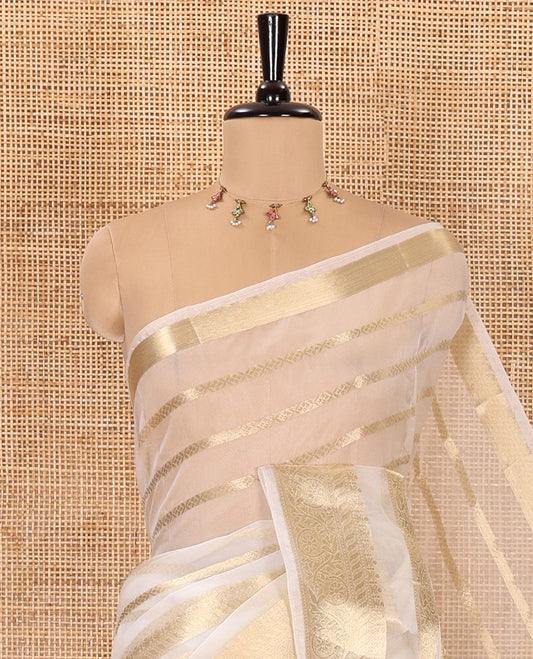 Half-white zari design semi-organza saree, traditional zari design border of floral creeper designs, zari striped pallu, and a matching blouse